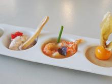 Mousse de truite - Glacis tomates homard aux �crevisses - Cr�me de foie gras